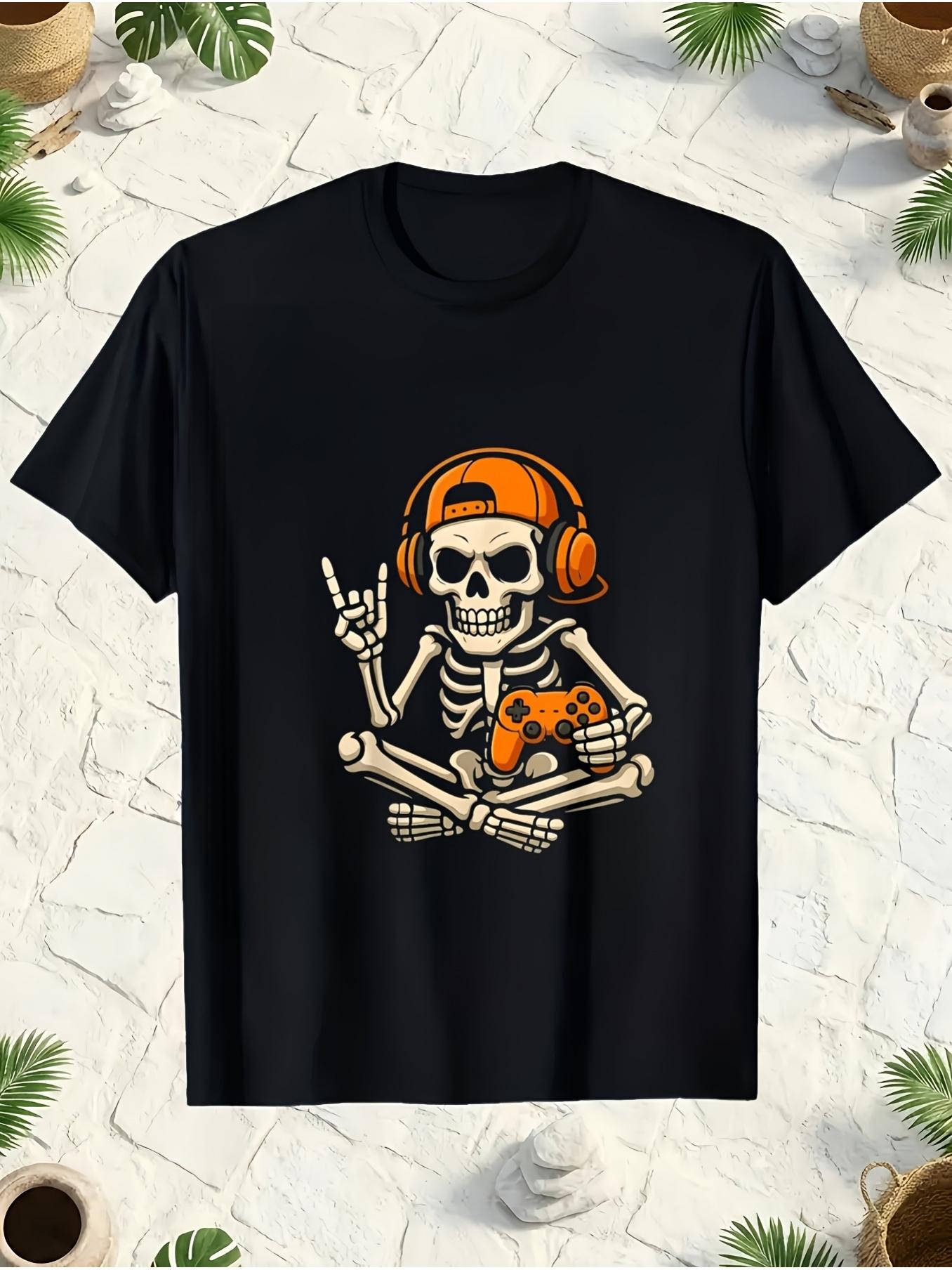 Retro Gaming Icons - メンズビデオゲームスカルプリントTシャツ - レトロゲーミングTシャツ、夏のカジュアルウェアに最適、洗濯機で洗えるラウンドネック半袖シャツ、象徴的なスカルとコントローラーのデザイン、普段使いやテーマイベントに最適