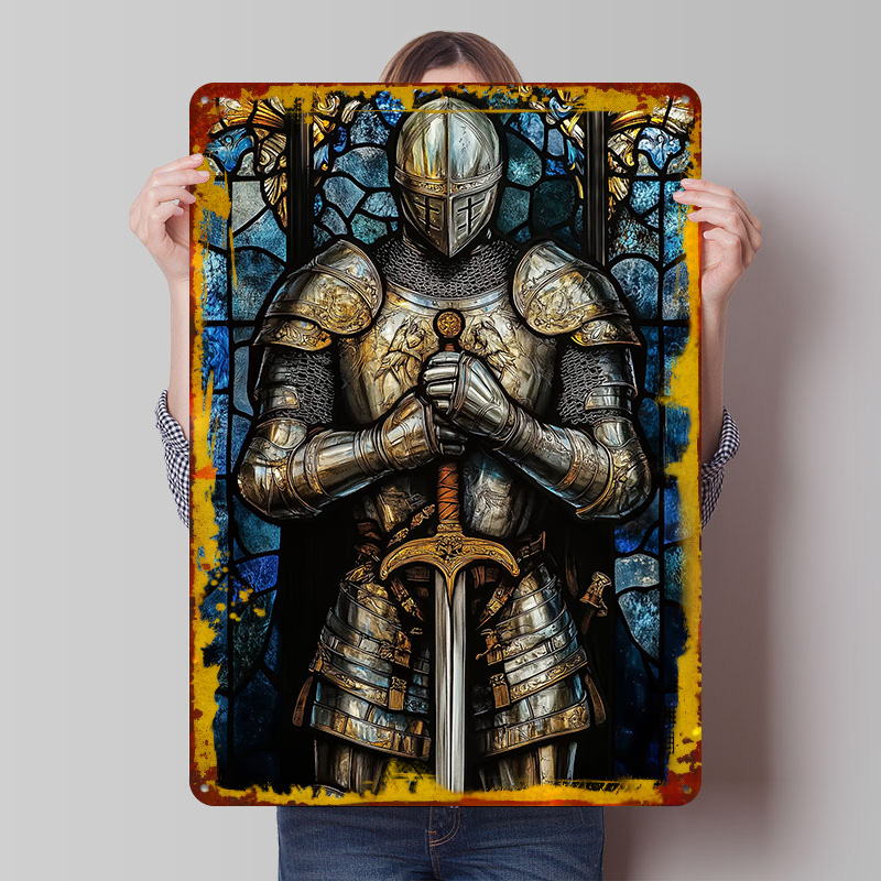 Retro Knight Gaming - 輝く鎧の騎士のブリキ製飾り板ポスター、カスタマイズされたウォールアート、レトロヴィンテージメタルサイン、男性用ルームデコレーション、ゲームルーム、自宅用